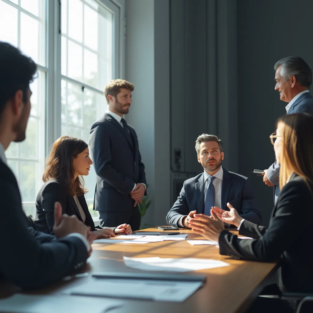 Consultor presentando resultados a un cliente en una oficina.
