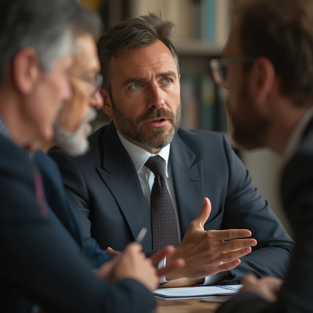 Consultor de negocios presentando estrategias en una pizarra a un cliente.